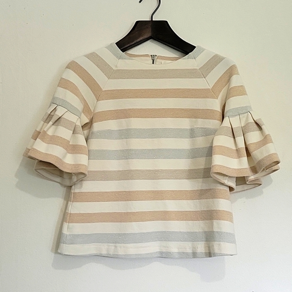 Maeve Anthropologie Knit Top Cream Gold Stripe Bell Sleeve Sz XS